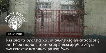 Κλειστά τα σχολεία και οι αθλητικές εγκαταστάσεις στη Ρόδο αύριο Παρασκευή 5 Δεκεμβρίου λόγω των έντονων καιρικών φαινομένων
