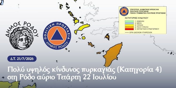 Πολύ υψηλός κίνδυνος πυρκαγιάς (Κατηγορία 4)  στη Ρόδο αύριο Τετάρτη 22 Ιουλίου