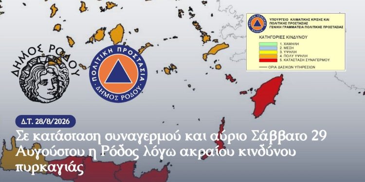 Σε κατάσταση συναγερμού και αύριο Σάββατο 29 Αυγούστου η Ρόδος λόγω ακραίου κινδύνου πυρκαγιάς